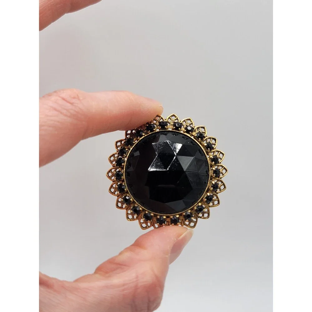 Vintage Black Faceted Glass Rhinestone Filigree Brooch Pendant